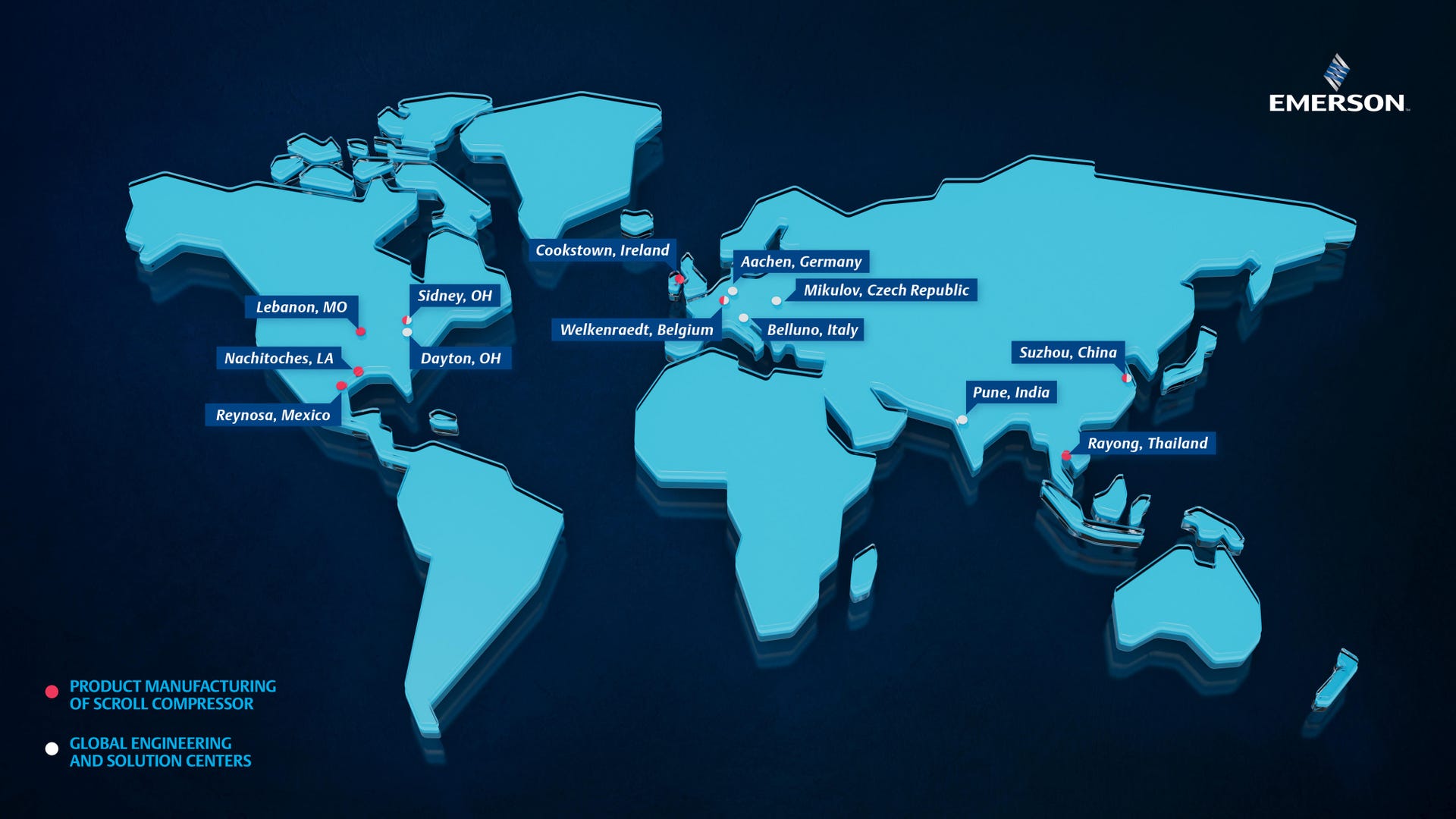 Map – Emerson manufactures scroll compressors all over the world