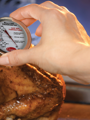 Checking roasted chicken temperature with food stick thermometer Checking roasted chicken temperature with food stick thermometer