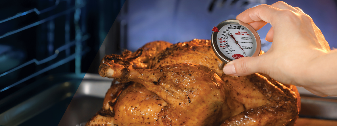 Checking roasted chicken temperature with food stick thermometer