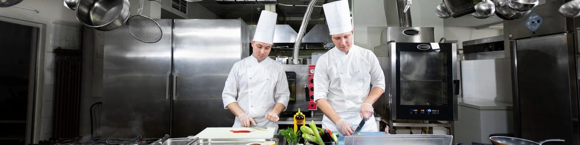 commercial kitchen with two chefs