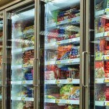 Frozen food displayed on the rack inside the large chiller