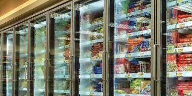 Frozen food displayed on the rack inside the large chiller