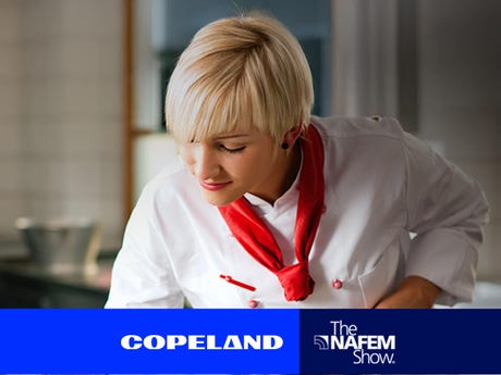 Chef in kitchen with banner containing Copeland and NAFEM logos