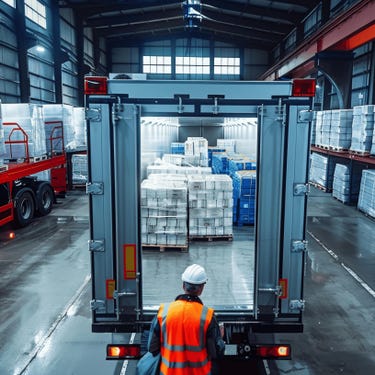 cold chain truck with cargo in cold storage facility