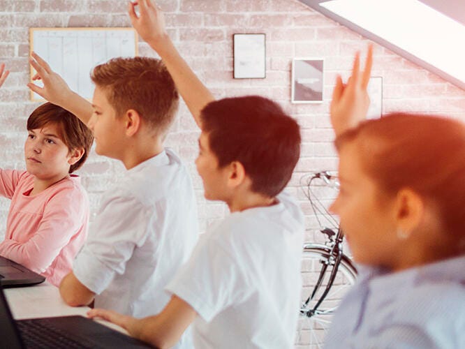 Pupils raising their hands on a class at school