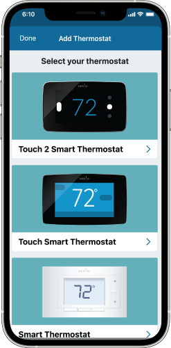 select thermostat model from app