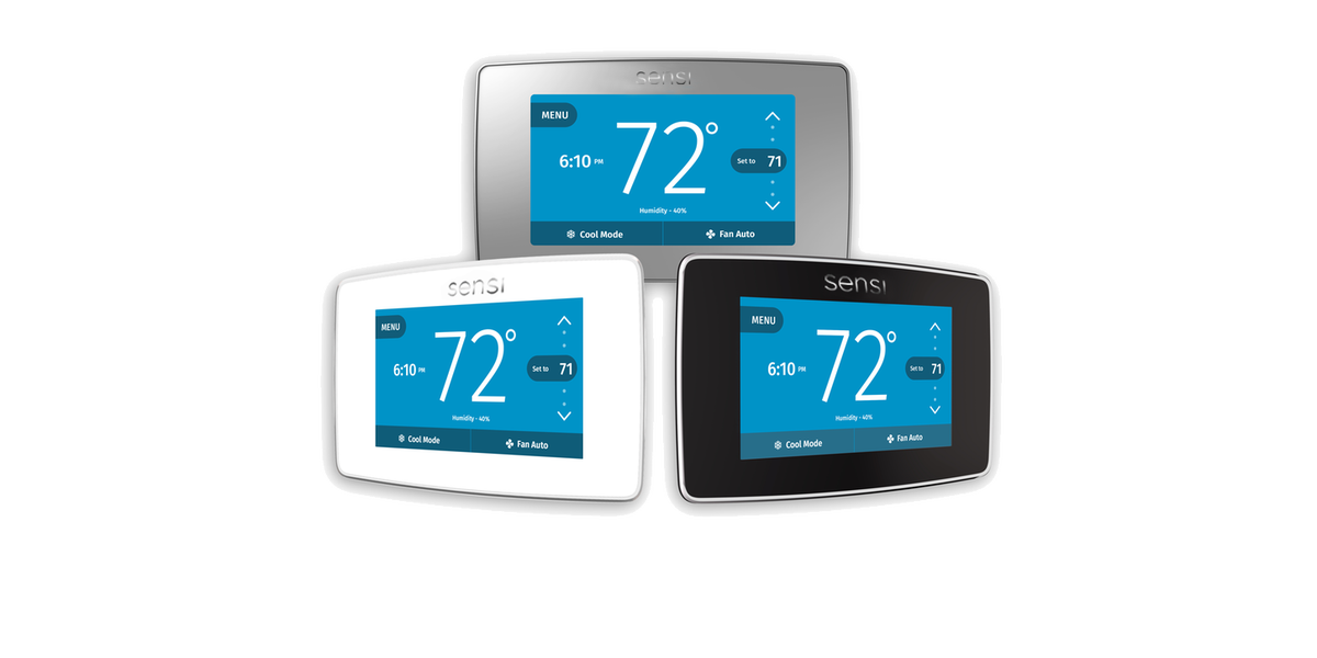Marketing image of three thermostats displaying the three color options of white, silver, and black.