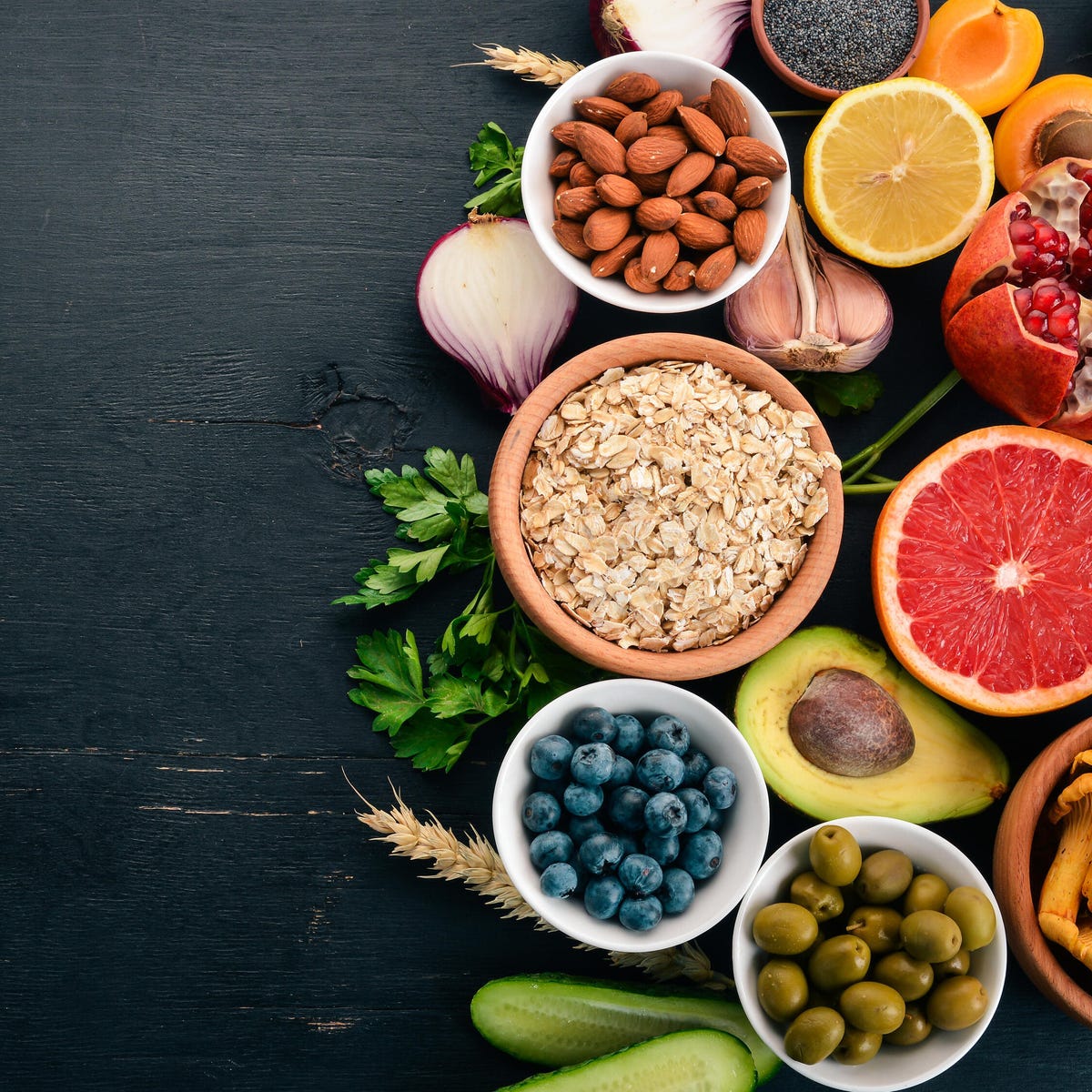 Top shot of fruits, vegetables and beans