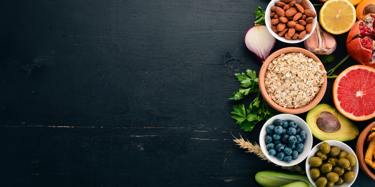 Top shot of fruits, vegetables and beans